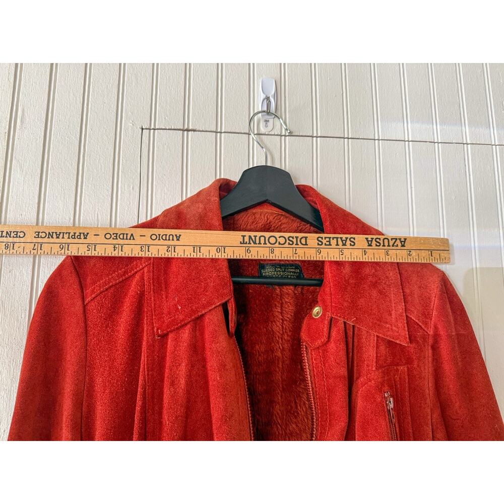 Vintage Red Suede Jacket - Belted Zip Front Western Boho Leather Coat - Small - Picture 4 of 6